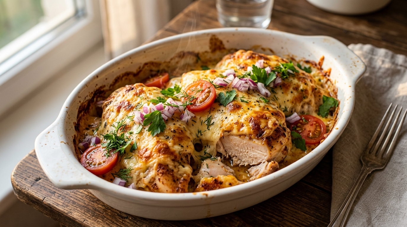 Готовая курица по-французски с золотистой сырной корочкой в форме для запекания