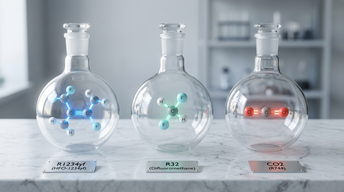Молекулы современных хладонов в сравнении: R1234yf, R32 и CO2