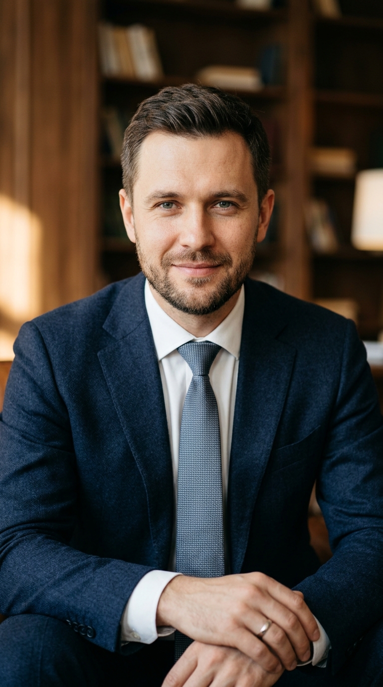 Реалистичный профессиональный портрет (лицо). Человек: Андрей Котов. Деловой стиль, студийный свет, уютная обстановка.