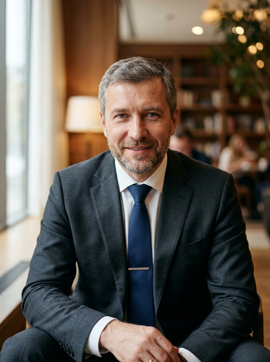 Реалистичный профессиональный портрет (лицо). Человек: Андрей Козлов. Деловой стиль, студийный свет, уютная обстановка.