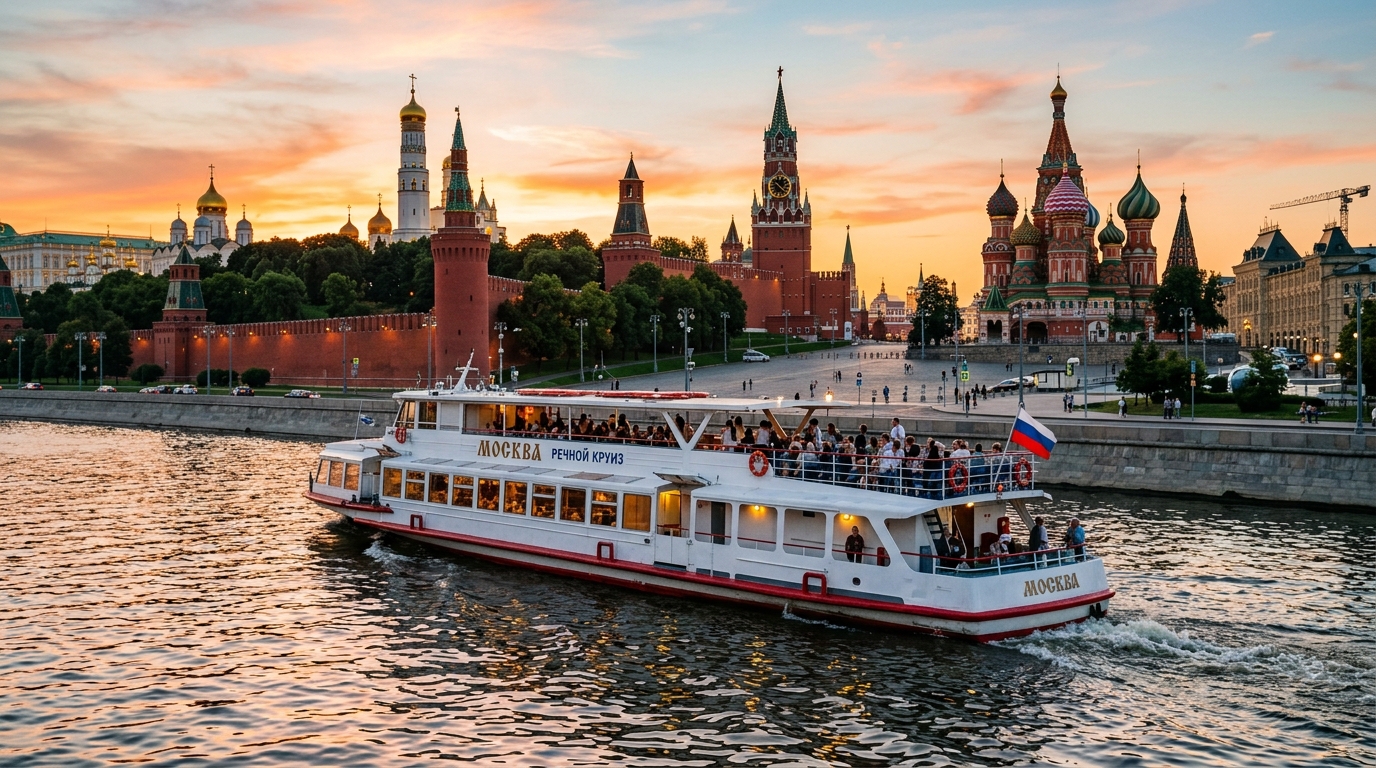 Речной теплоход плывет по Москве-реке мимо Кремля и Красной площади