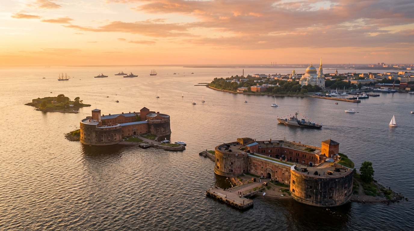 Панорамный вид на форты Кронштадта с метеора на Финском заливе