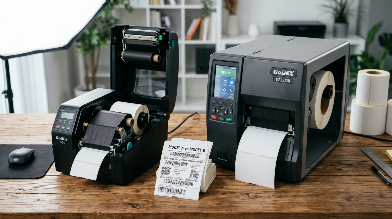 Сравнение моделей термотрансферных принтеров Godex G500 и EZ2350i на столе с этикетками