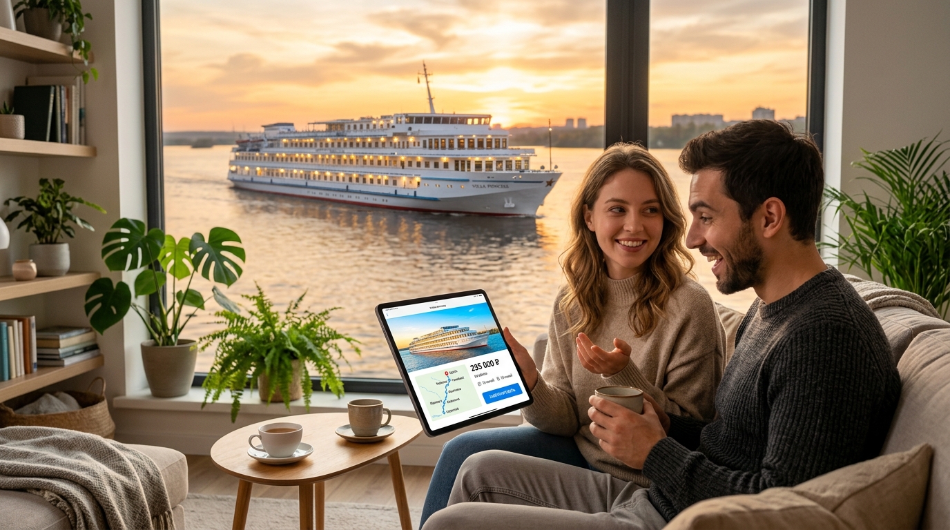 Пассажиры бронируют круиз по Волге на экране планшета с видом на речной лайне=