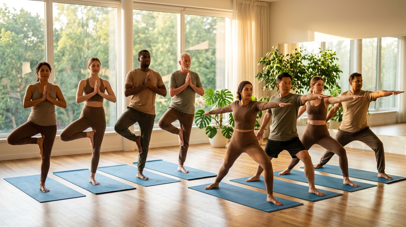 Группа людей выполняет асану хатха йоги на ковриках в просторном зале с естественным освещением
