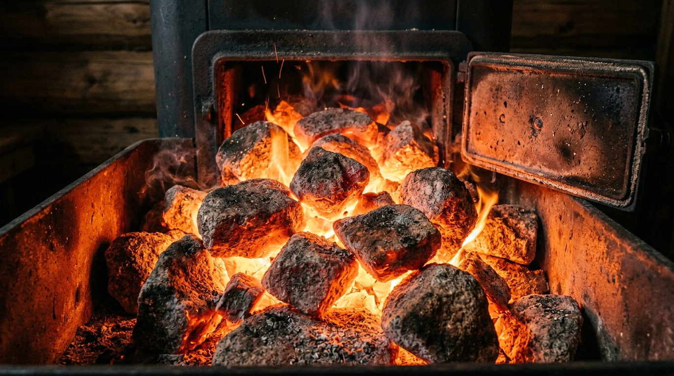 Камни в топке банной печи, нагретые до красна, готовые к поливу водой для пара