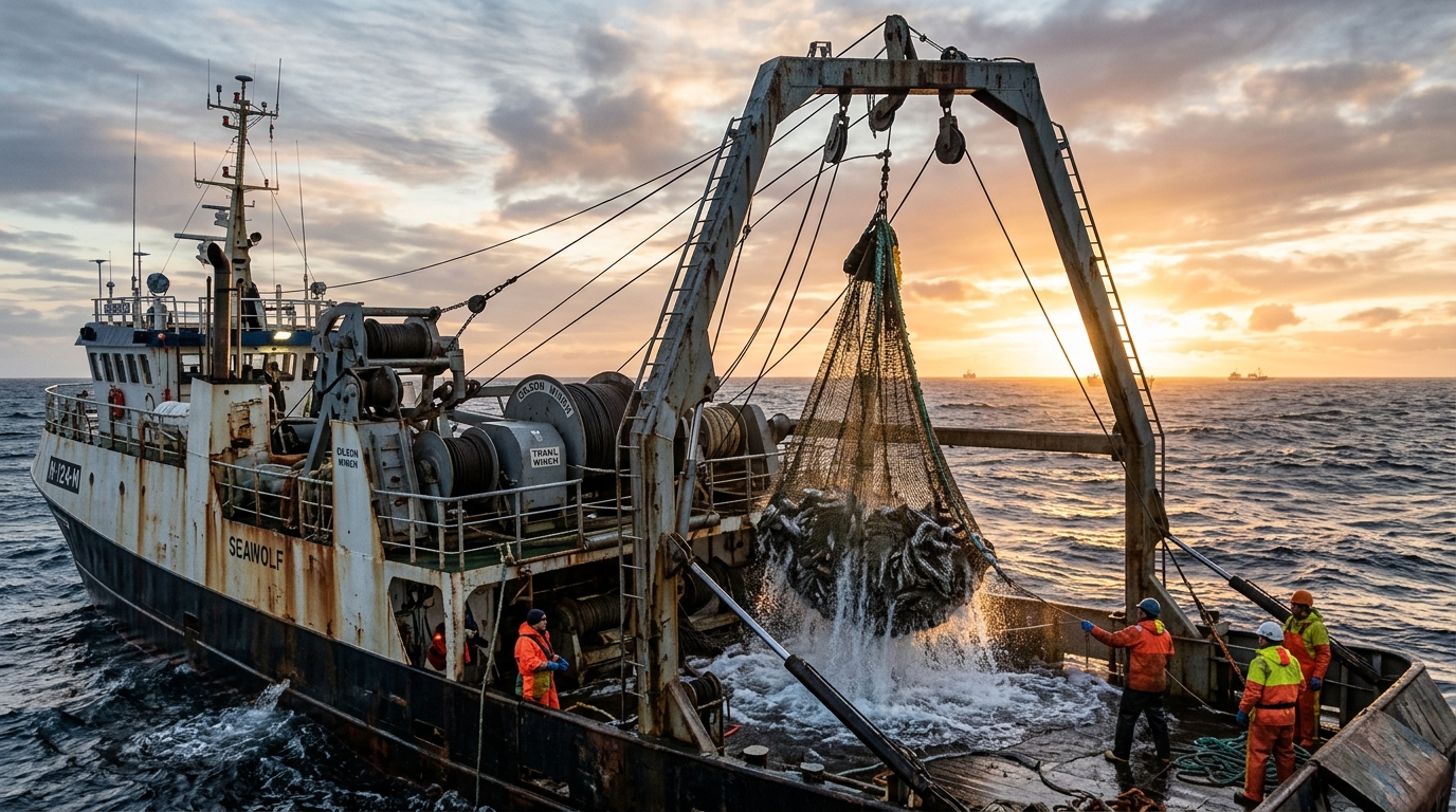 Схема работы мачты Джильсона при подъеме рыболовного трала