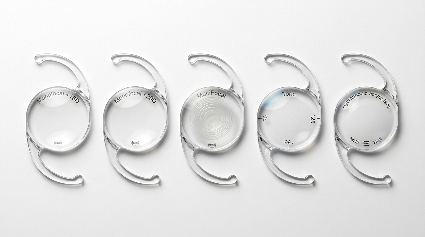Искусственные хрусталики ИОЛ разных типов на белом фоне с оптическими характеристиками