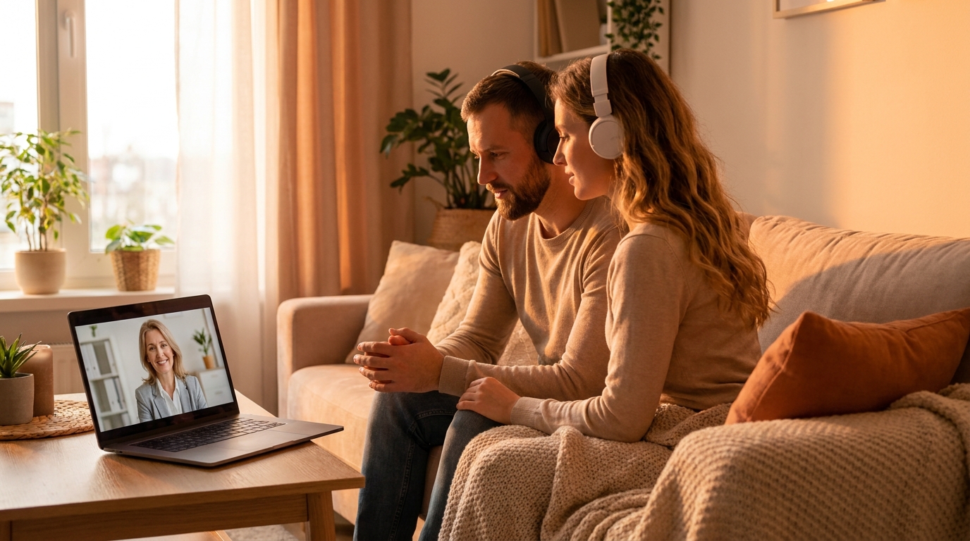 Пара в наушниках проводит первую онлайн-сессию с психологом на экране ноутбука