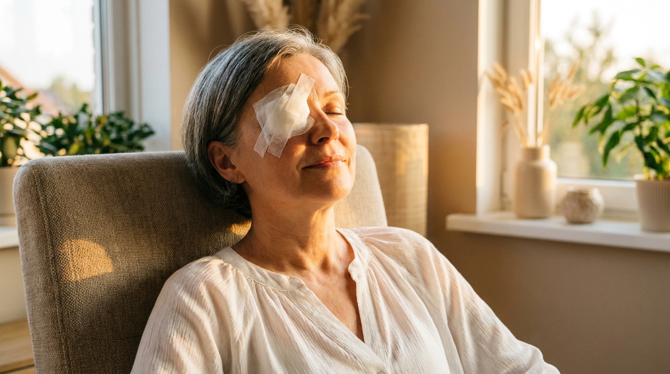 Женщина с повязкой на глазу после операции на катаракту отдыхает дома
