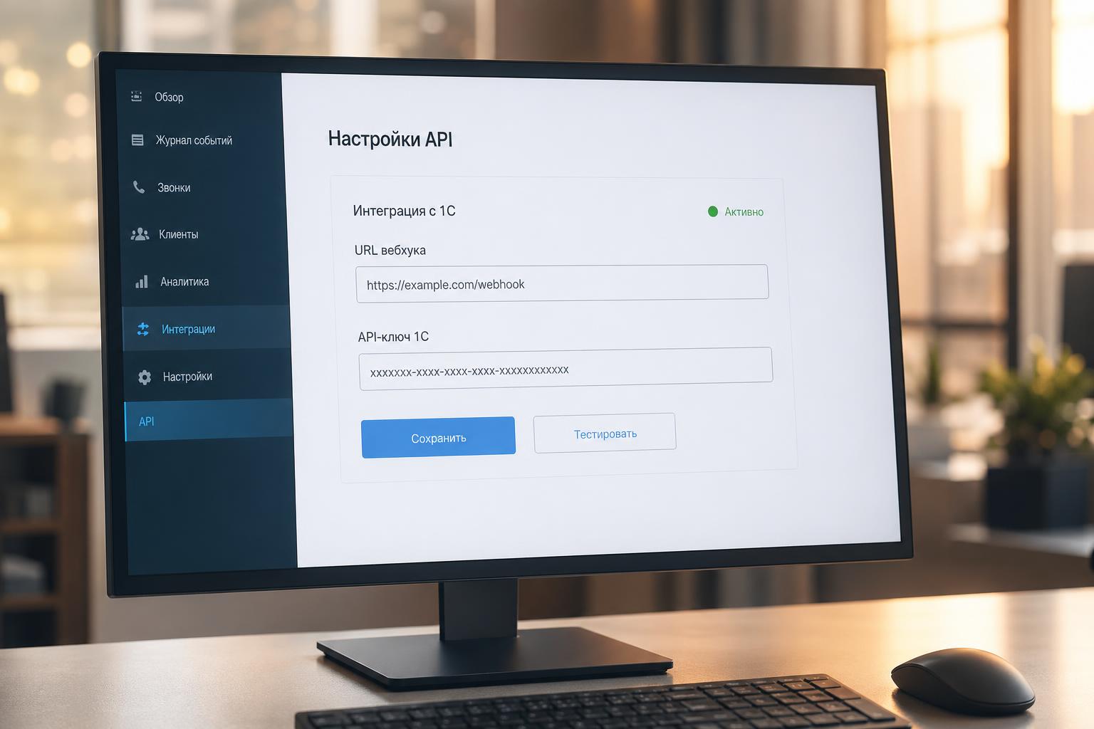 Панель настройки API в Calltouch с полями для URL и ключа интеграции с 1С