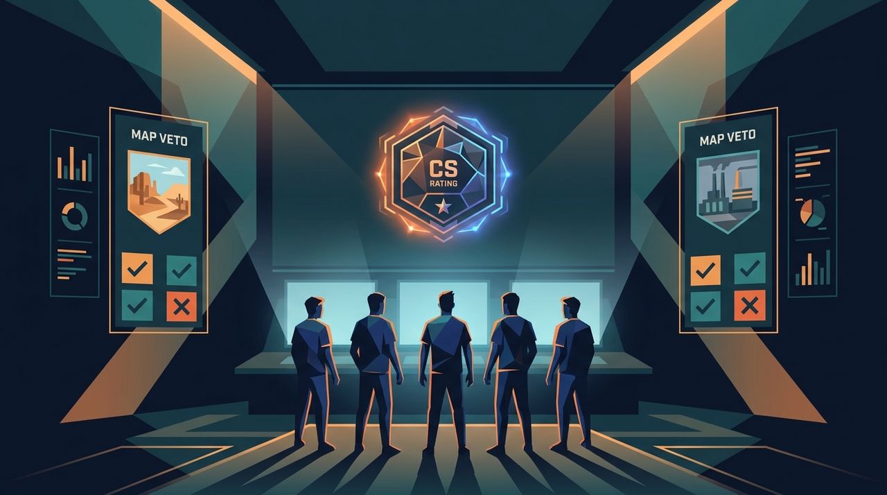 Лобби Премьер режима CS2 с пятью игроками и значком CS Rating