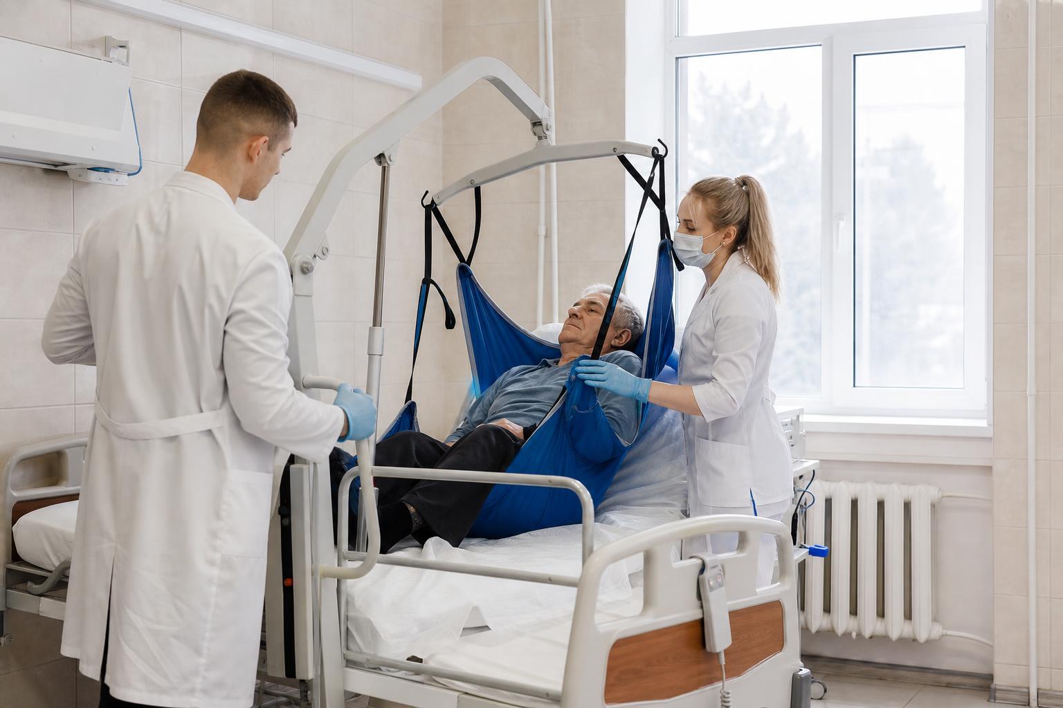 Медицинский персонал использует функциональную кровать и подъёмник для перемещения пациента в палате российской больницы