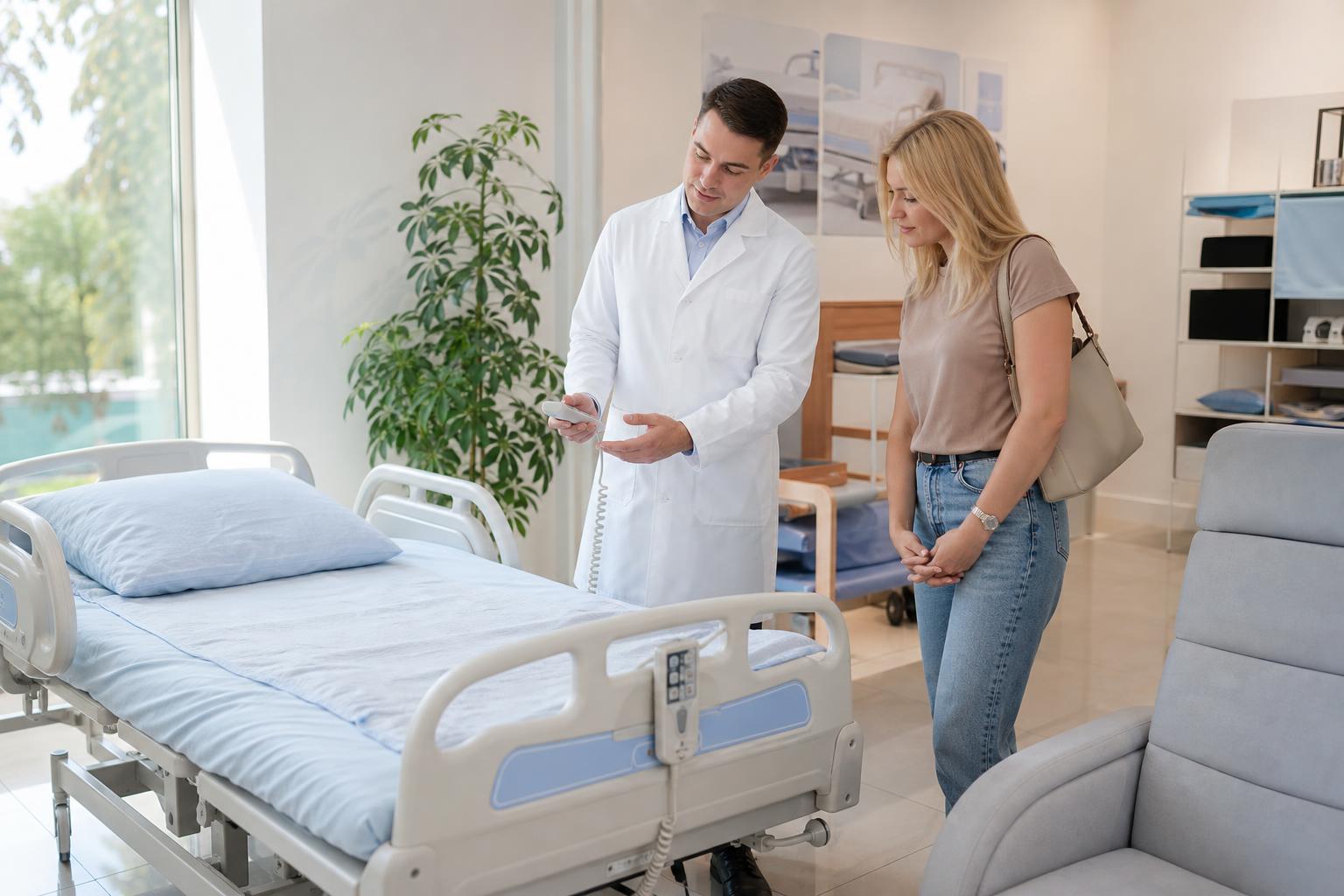 Специалист консультирует по выбору функциональной медицинской кровати