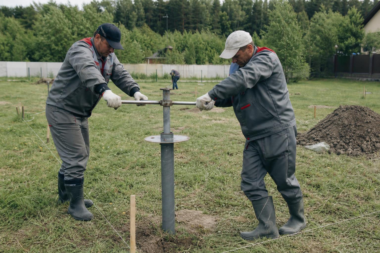 Рабочие устанавливают винтовую сваю вручную на размеченном участке загородного дома