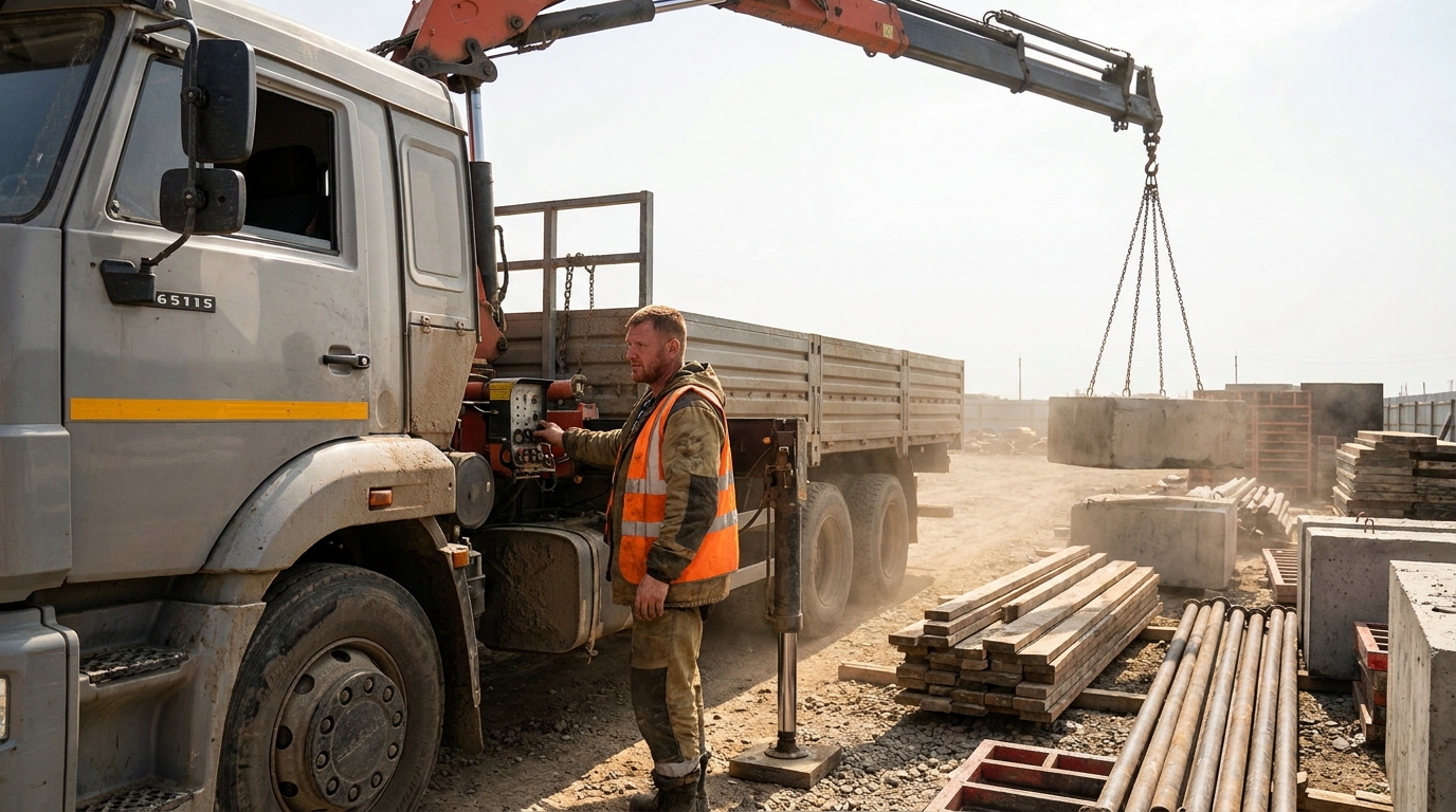 бортовые КАМАЗ 65115 с краноманипулятором, male professional at work, construction_site