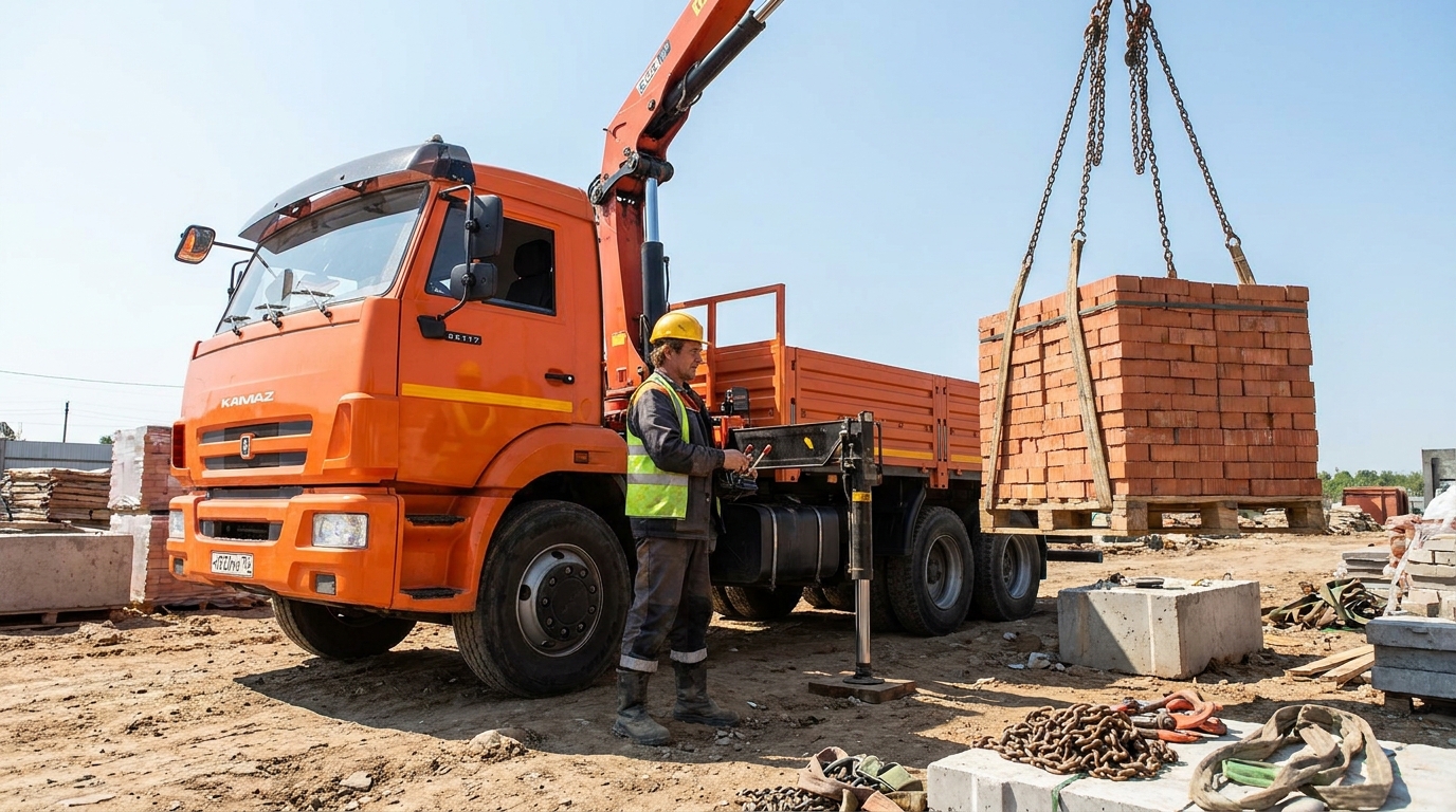 бортовые грузовики КамАЗ 65117 с КМУ, male professional at work, construction_site