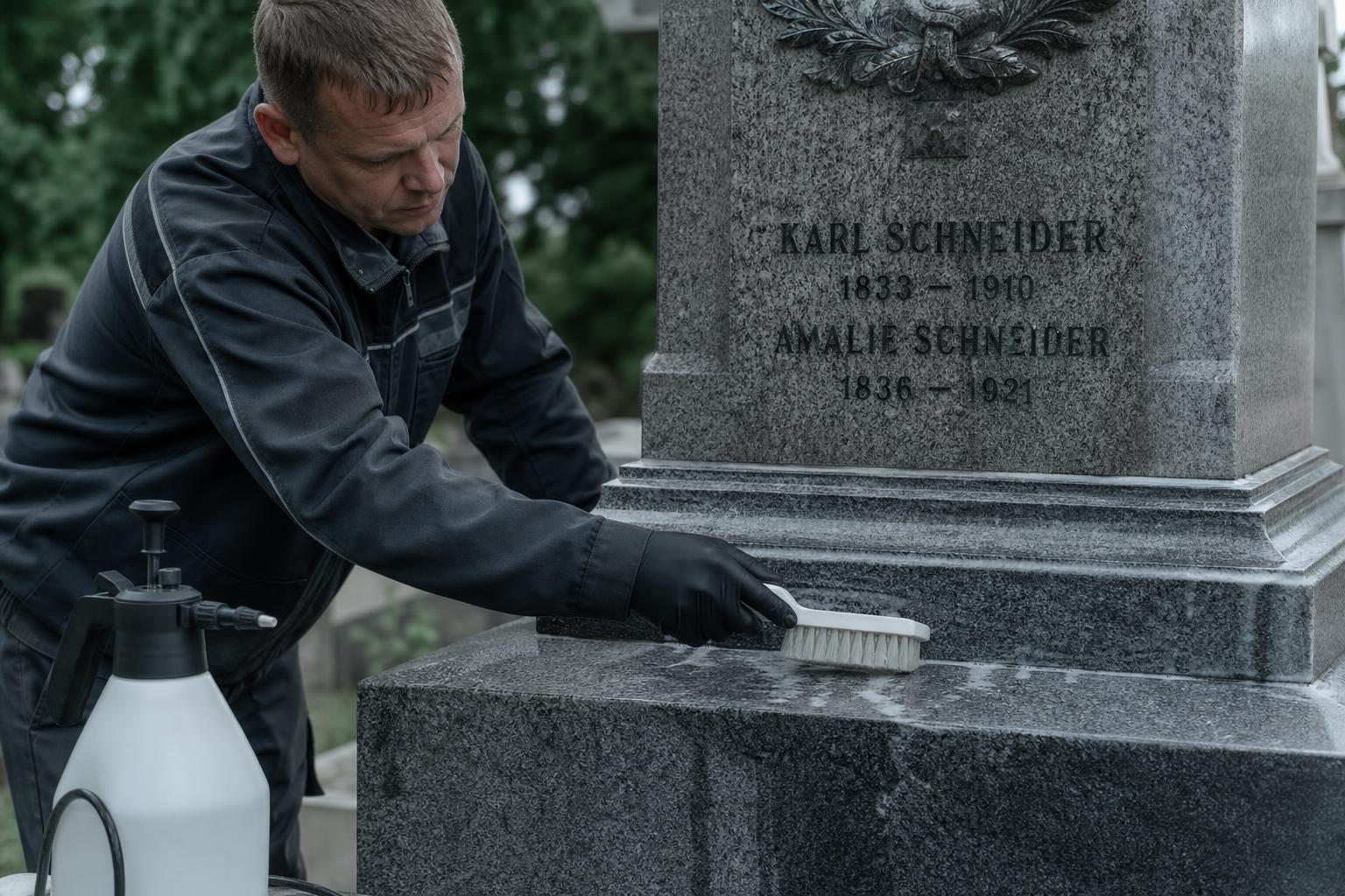 Специалист очищает поверхность гранитного памятника мягкой щёткой и нейтральным раствором
