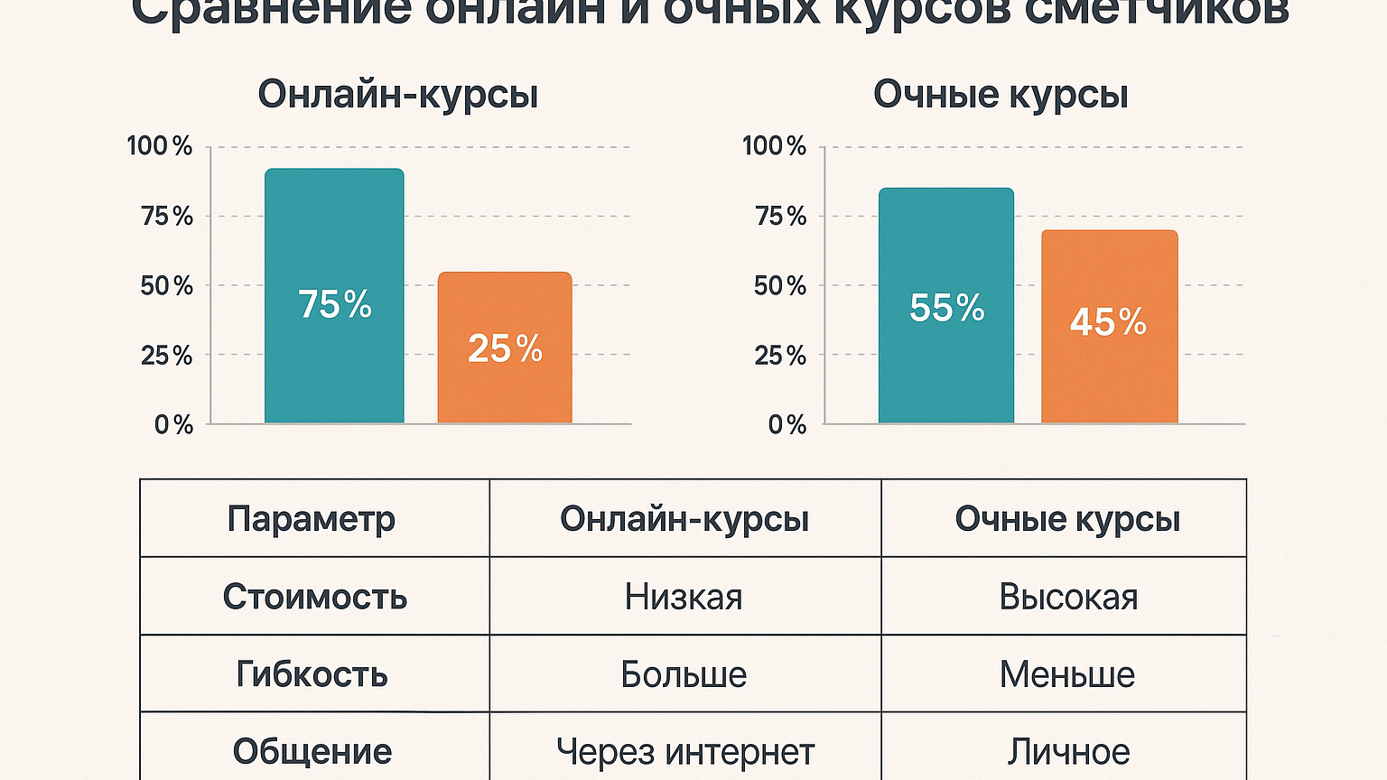 Сравнение онлайн и очных курсов сметчиков с графиками и таблицами.