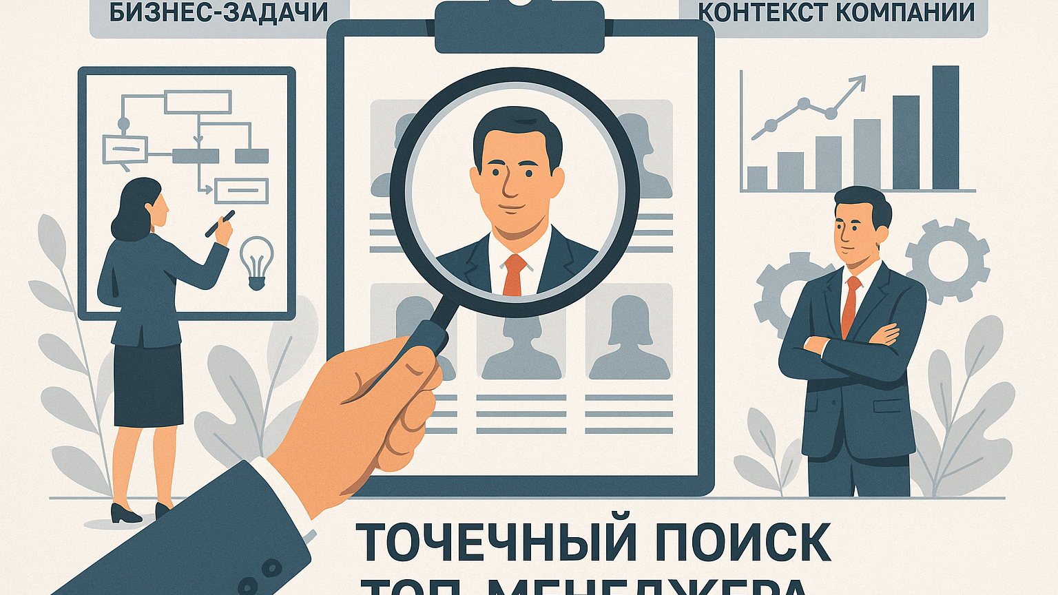 Иллюстрация, показывающая процесс точечного поиска топ-менеджера с акцентом на бизнес-задачи и контекст компании.