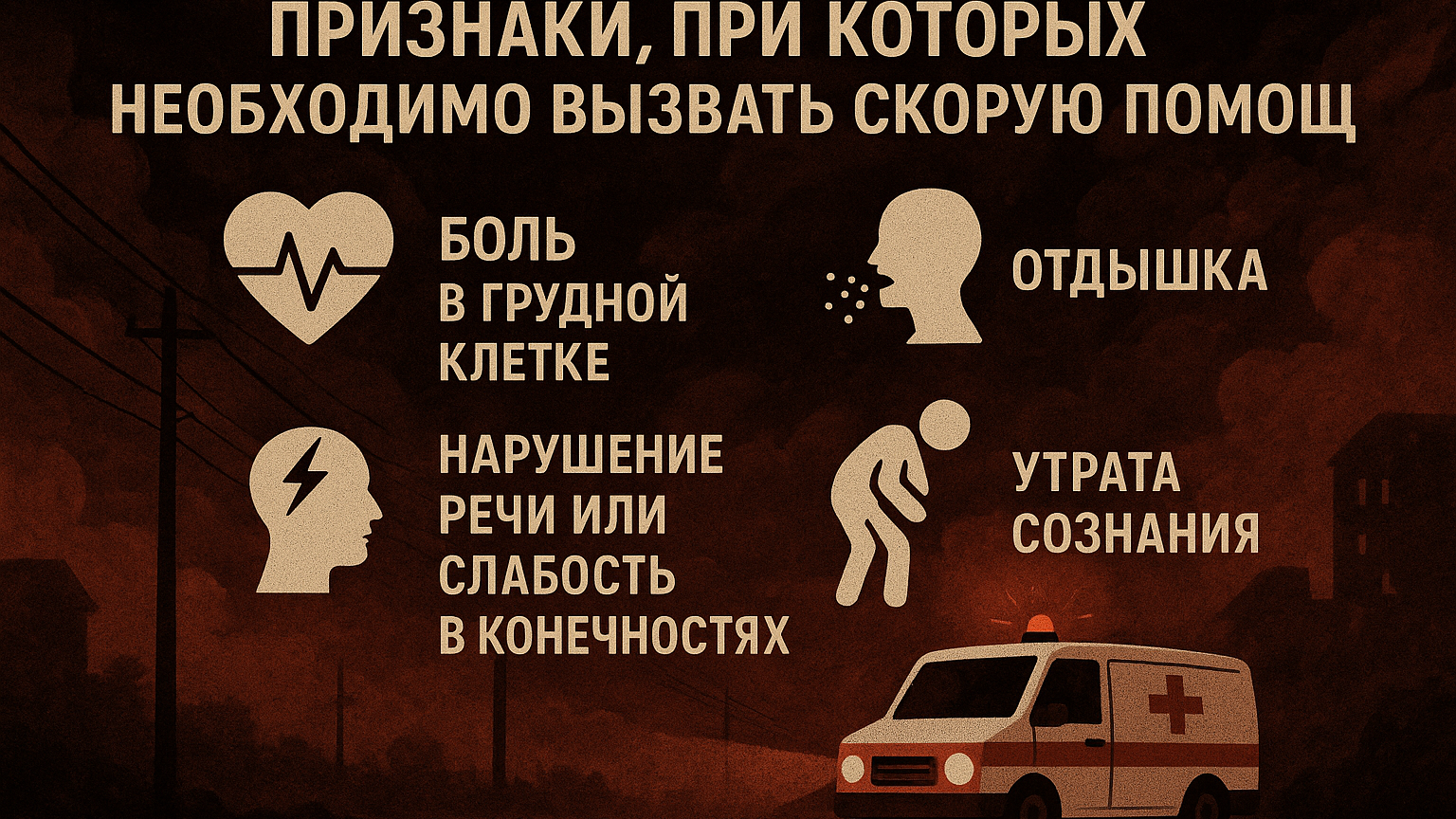 Иллюстрация с перечнем признаков, при которых необходимо вызывать скорую помощь, на фоне тревожной атмосферы.