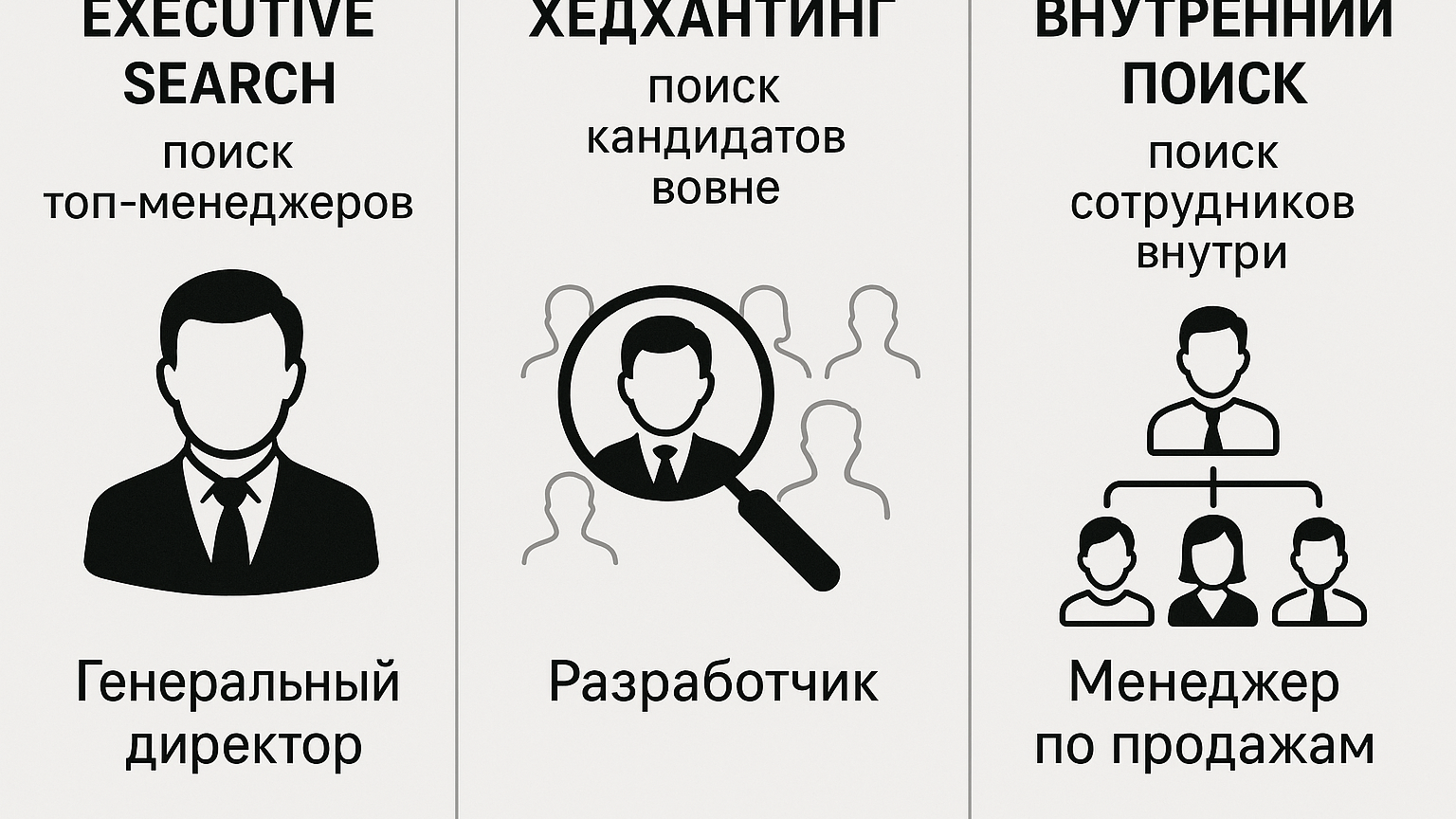 Схема, иллюстрирующая различия между Executive Search, хедхантингом и внутренним поиском с примерами для каждой категории.